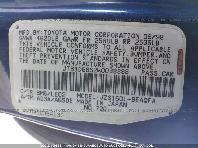 JT8BD68S2W0038388 - 1998 LEXUS GS 300 BLUE photo 9