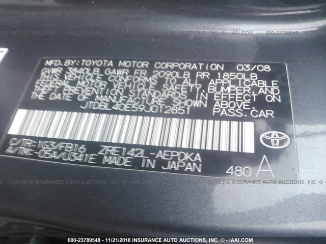 JTDBL40E59J012851 - 2009 TOYOTA COROLLA LE/XLE GRAY photo 9