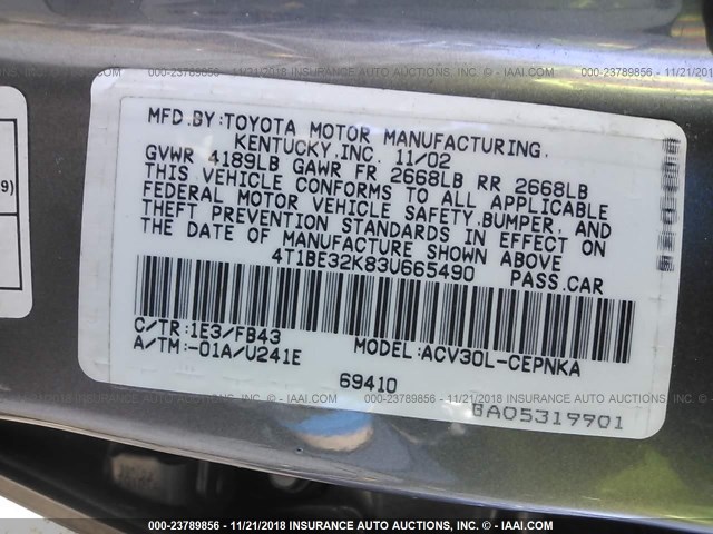 4T1BE32K83U665490 - 2003 TOYOTA CAMRY LE/XLE/SE Մոխրագույն լուսանկար 9