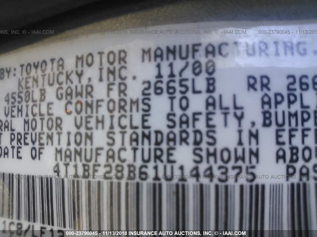 4T1BF28B61U144375 - 2001 TOYOTA AVALON XL/XLS SILVER photo 9