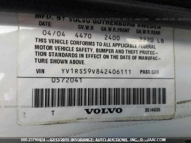 YV1RS59V842406111 - 2004 VOLVO S60 2.5T WHITE photo 9