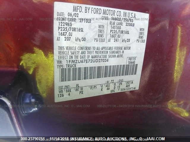 1FMZU67E72UD27034 - 2002 FORD EXPLORER SPORT TR  RED photo 9