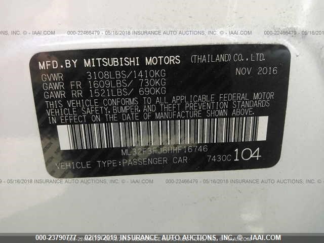 ML32F3FJ6HHF16746 - 2017 MITSUBISHI MIRAGE G4 ES თეთრი ფოტო 9