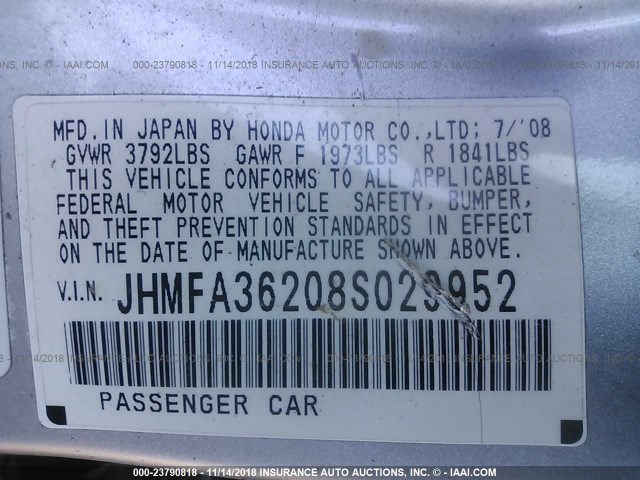 JHMFA36208S029952 - 2008 HONDA CIVIC HYBRID SILVER photo 9