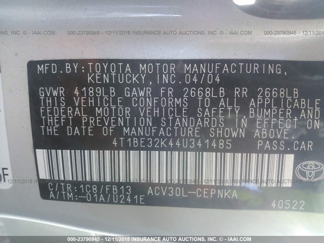 4T1BE32K44U341485 - 2004 TOYOTA CAMRY LE/XLE/SE SILVER photo 9