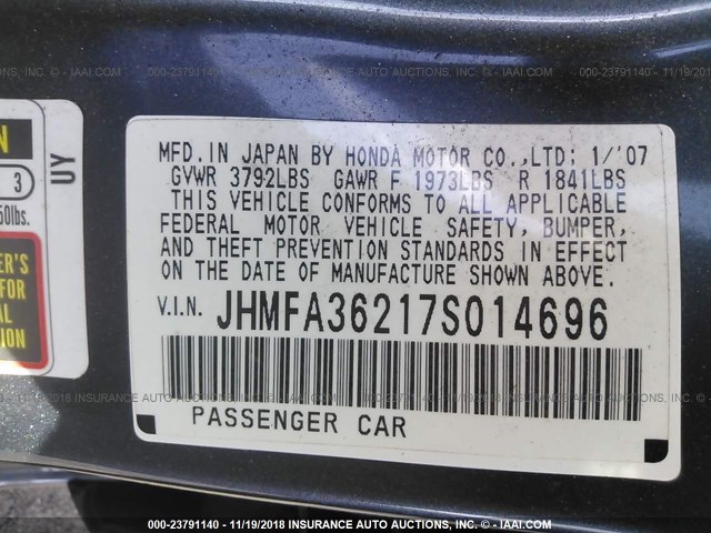 JHMFA36217S014696 - 2007 HONDA CIVIC HYBRID Dark Blue photo 9