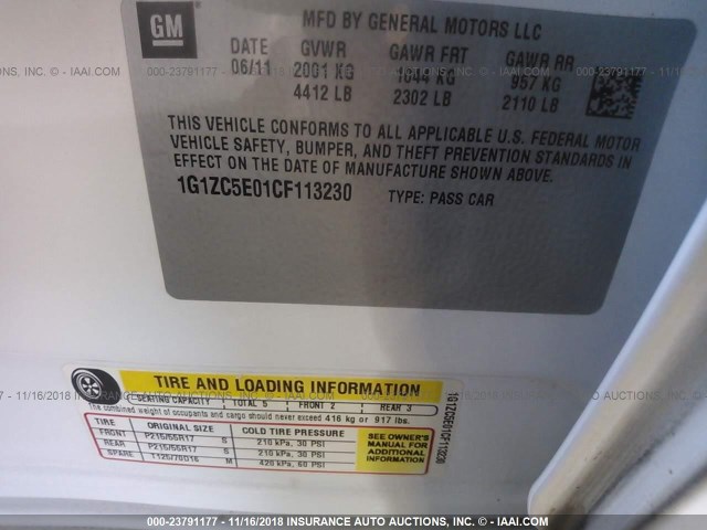 1G1ZC5E01CF113230 - 2012 CHEVROLET MALIBU 1LT WHITE photo 9