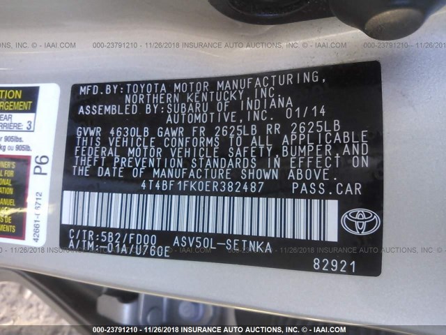 4T4BF1FK0ER382487 - 2014 TOYOTA CAMRY L/SE/LE/XLE GOLD photo 9