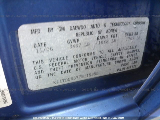 KL1TD56677B115355 - 2007 CHEVROLET AVEO LS BLUE photo 9