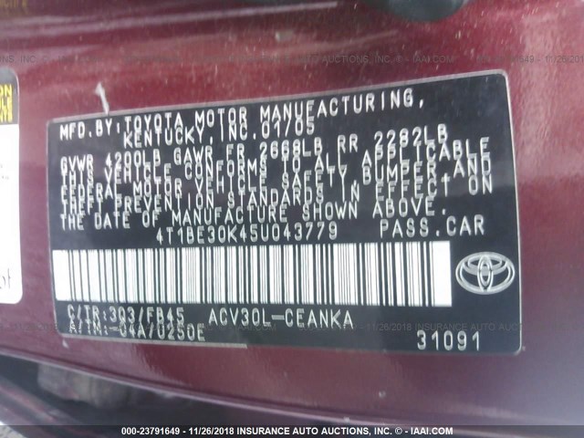 4T1BE30K45U043779 - 2005 TOYOTA CAMRY LE/XLE/SE RED photo 9