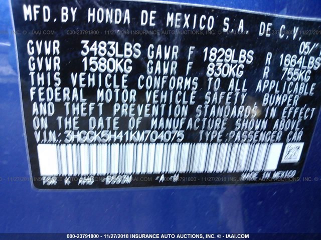 3HGGK5H41KM704075 - 2019 HONDA FIT BLUE photo 9