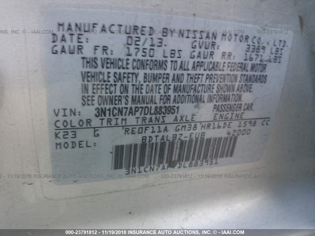 3N1CN7AP7DL883951 - 2013 NISSAN VERSA S/S PLUS/SV/SL SILVER photo 9