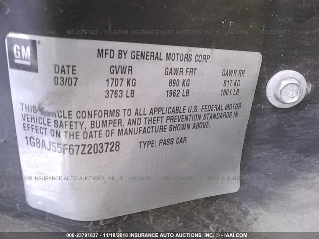 1G8AJ55F67Z203728 - 2007 SATURN ION LEVEL 2 灰色 照片 9