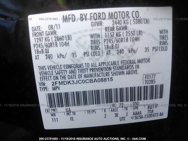 2FMDK3JC0CBA08815 - 2012 FORD EDGE SEL BLACK photo 9