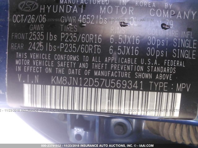 KM8JN12D57U569341 - 2007 HYUNDAI TUCSON BLUE photo 9