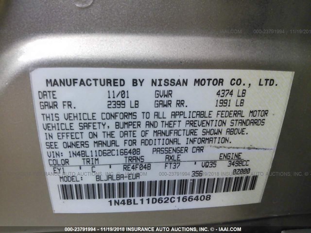 1N4BL11D62C166408 - 2002 NISSAN ALTIMA SE GOLD photo 9