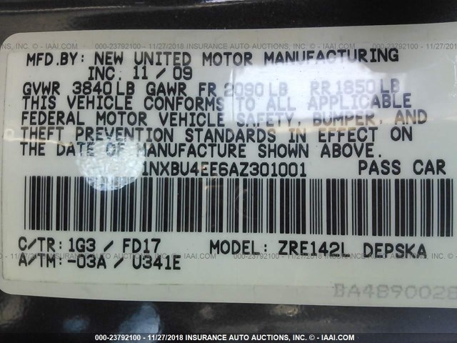 1NXBU4EE6AZ301001 - 2010 TOYOTA COROLLA S/LE/XLE GRAY photo 9