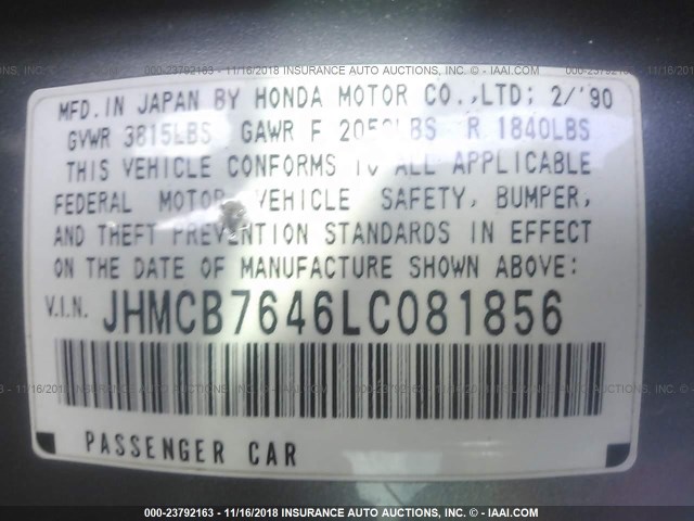 JHMCB7646LC081856 - 1990 HONDA ACCORD DX/LX GRAY photo 9