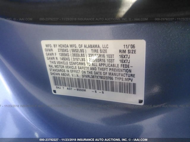 5FNRL387X7B023766 - 2007 HONDA ODYSSEY EXL BLUE photo 9