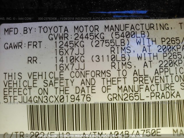 5TFJU4GN3CX019476 - 2012 TOYOTA TACOMA DOUBLE CAB PRERUNNER BLACK photo 9