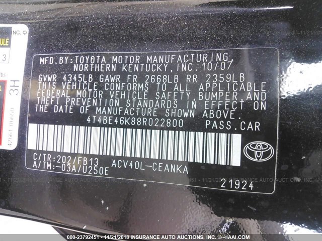 4T4BE46K88R022800 - 2008 TOYOTA CAMRY CE/LE/XLE/SE 黑色 照片 9