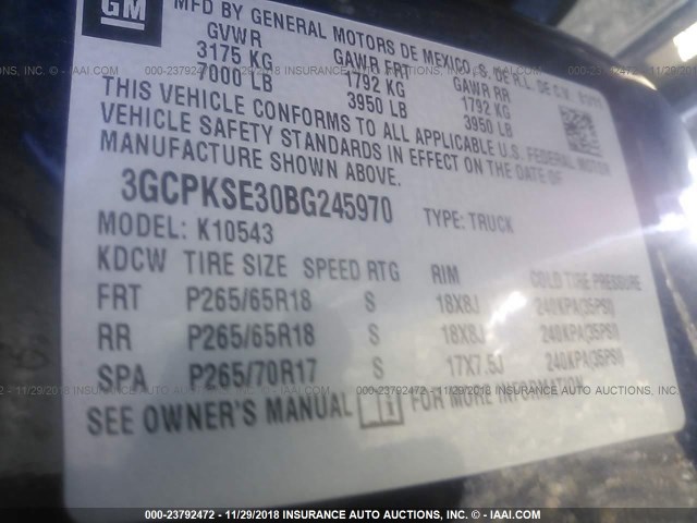 3GCPKSE30BG245970 - 2011 CHEVROLET SILVERADO K1500 LT BLUE photo 9