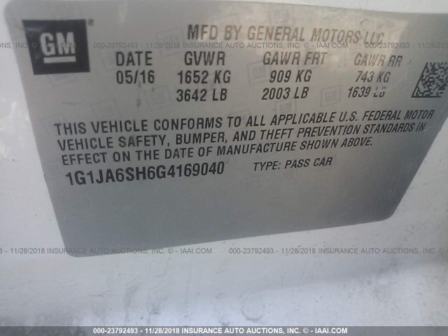 1G1JA6SH6G4169040 - 2016 CHEVROLET SONIC LS 白色 照片 9