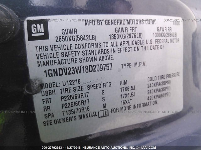 1GNDV23W18D209757 - 2008 CHEVROLET UPLANDER LS BLUE photo 9