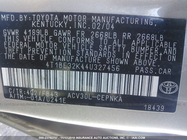 4T1BE32K44U327456 - 2004 TOYOTA CAMRY LE/XLE/SE TAN photo 9