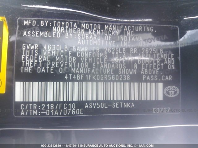 4T4BF1FK0GR560238 - 2016 TOYOTA CAMRY LE/XLE/SE/XSE BLACK photo 9