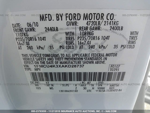 1FMCU4K3XAKD28737 - 2010 FORD ESCAPE HYBRID WHITE photo 9