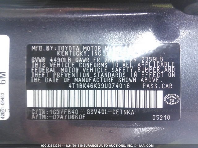 4T1BK46K39U074016 - 2009 TOYOTA CAMRY SE/LE/XLE GRAY photo 9