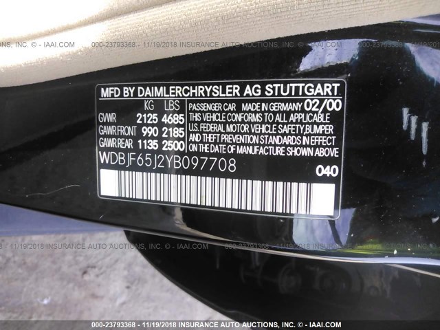 WDBJF65J2YB097708 - 2000 MERCEDES-BENZ E 320 BLACK photo 9