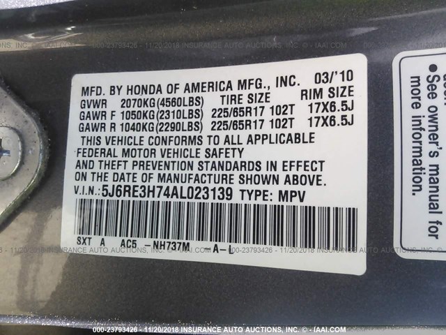 5J6RE3H74AL023139 - 2010 HONDA CR-V EXL GRAY photo 9