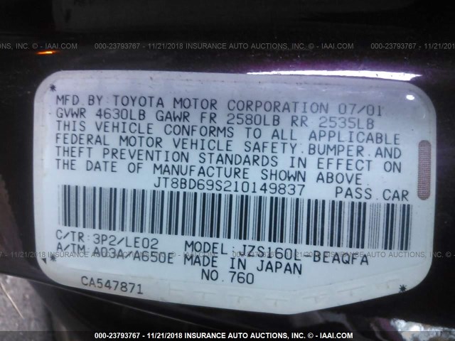 JT8BD69S210149837 - 2001 LEXUS GS 300 PURPLE photo 9