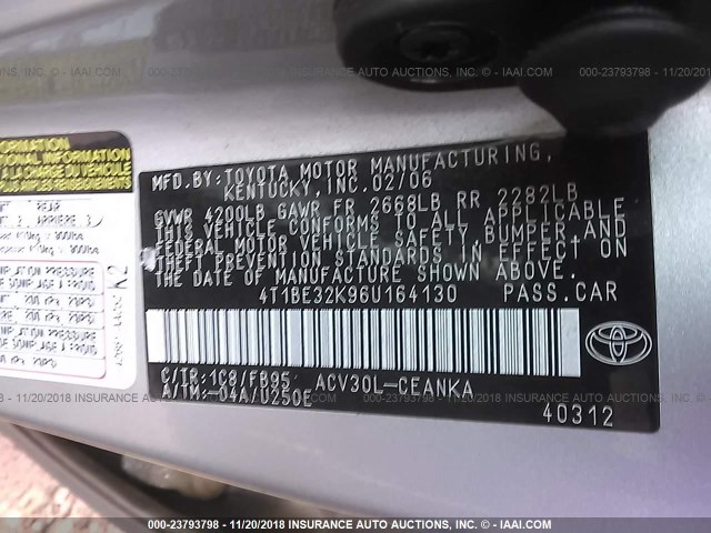 4T1BE32K96U164130 - 2006 TOYOTA CAMRY LE/XLE/SE SILVER photo 9