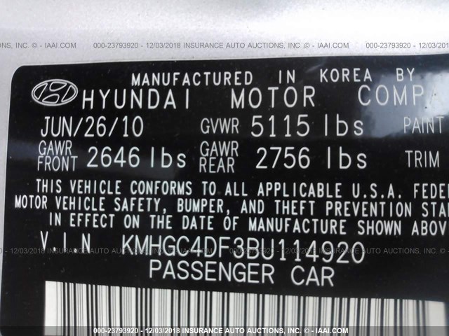 KMHGC4DF3BU114920 - 2011 HYUNDAI GENESIS 4.6L SILVER photo 9