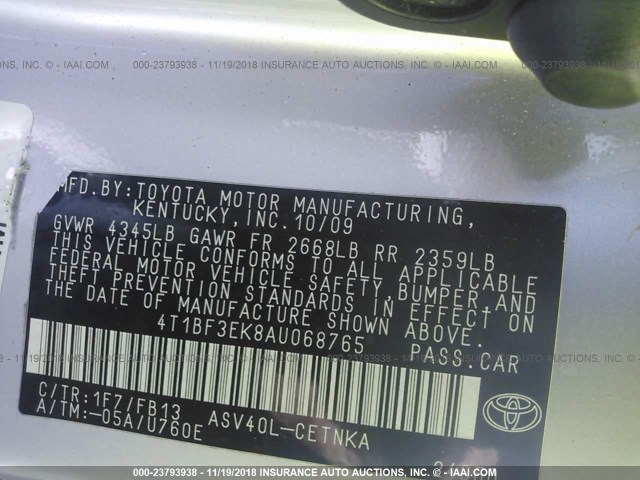 4T1BF3EK8AU068765 - 2010 TOYOTA CAMRY SE/LE/XLE SILVER photo 9