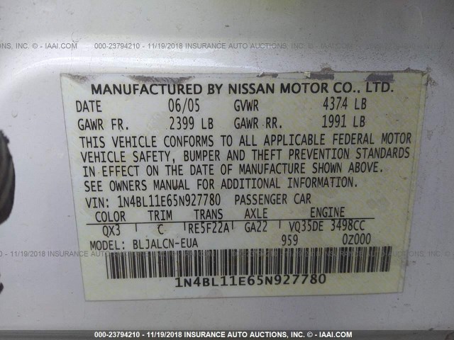 1N4BL11E65N927780 - 2005 NISSAN ALTIMA SE/SL/SE-R WHITE photo 9