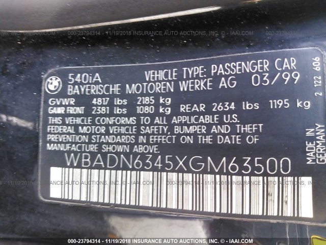 WBADN6345XGM63500 - 1999 BMW 540 I AUTOMATIC BLACK photo 9