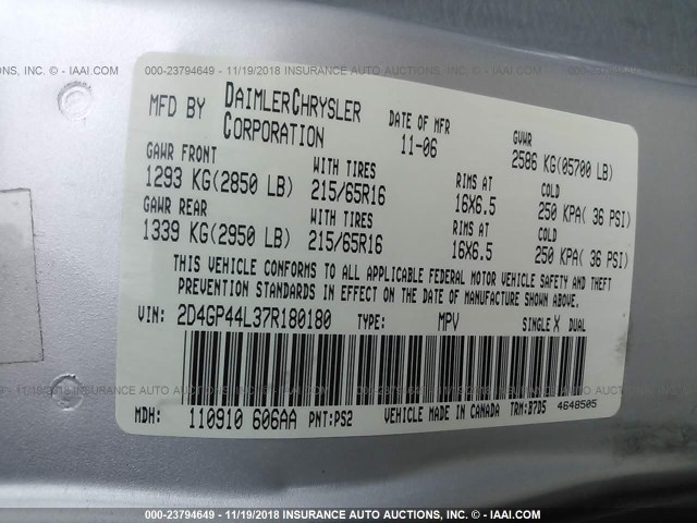 2D4GP44L37R180180 - 2007 DODGE GRAND CARAVAN SXT SILVER photo 9