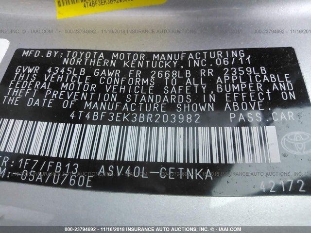 4T4BF3EK3BR203982 - 2011 TOYOTA CAMRY SE/LE/XLE 银色 照片 9