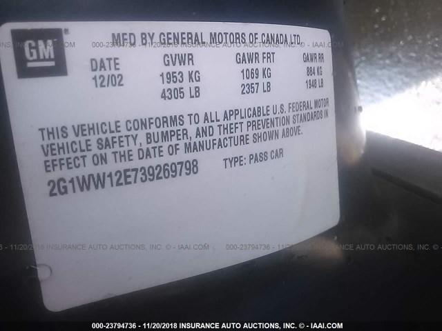 2G1WW12E739269798 - 2003 CHEVROLET MONTE CARLO LS Көк фото 9