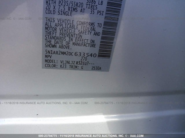 5N1AR2MM2DC633540 - 2013 NISSAN PATHFINDER S/SV/SL/PLATINUM SILVER photo 9