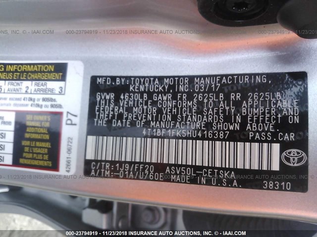 4T1BF1FK5HU416387 - 2017 TOYOTA CAMRY LE/XLE/SE/XSE GRAY photo 9