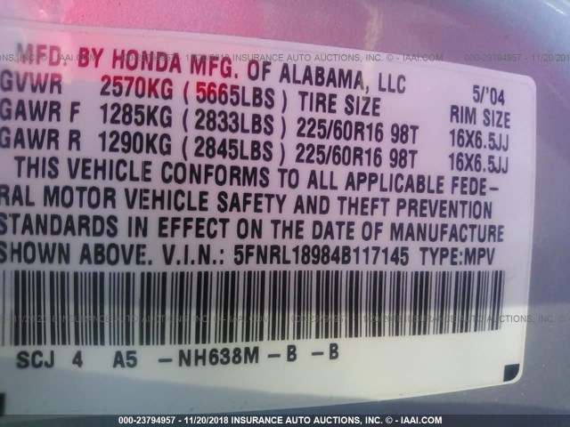 5FNRL18984B117145 - 2004 HONDA ODYSSEY EXL SILVER photo 9