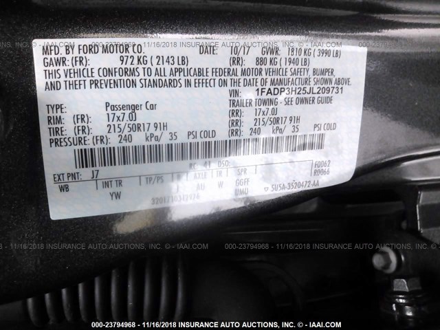 1FADP3H25JL209731 - 2018 FORD FOCUS SEL GRAY photo 9