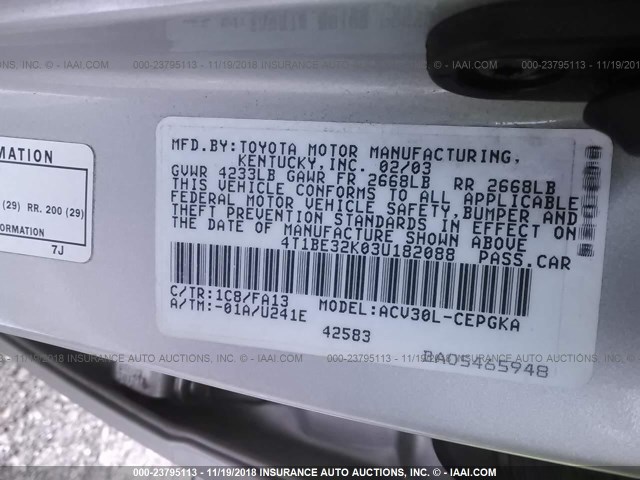 4T1BE32K03U182088 - 2003 TOYOTA CAMRY LE/XLE/SE SILVER photo 9