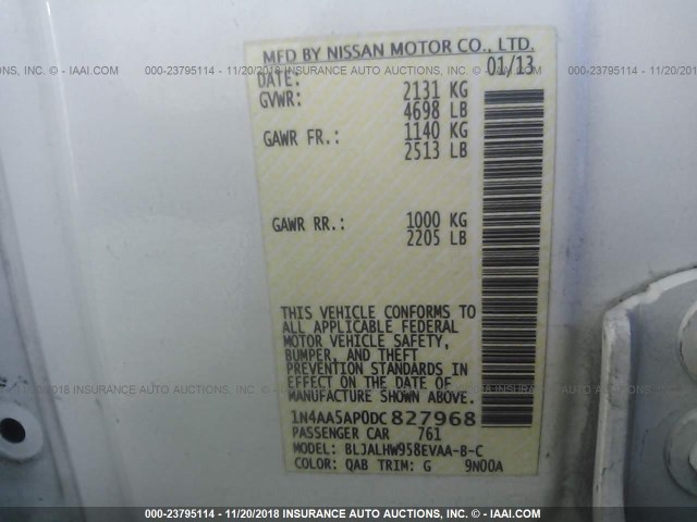 1N4AA5AP0DC827968 - 2013 NISSAN MAXIMA S/SV WHITE photo 9