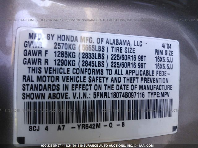 5FNRL18074B097116 - 2004 HONDA ODYSSEY EXL TAN photo 9